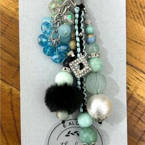 Mint & Aqua Beaded Keychain Charm with Fur Pom-handmade/EAlovey